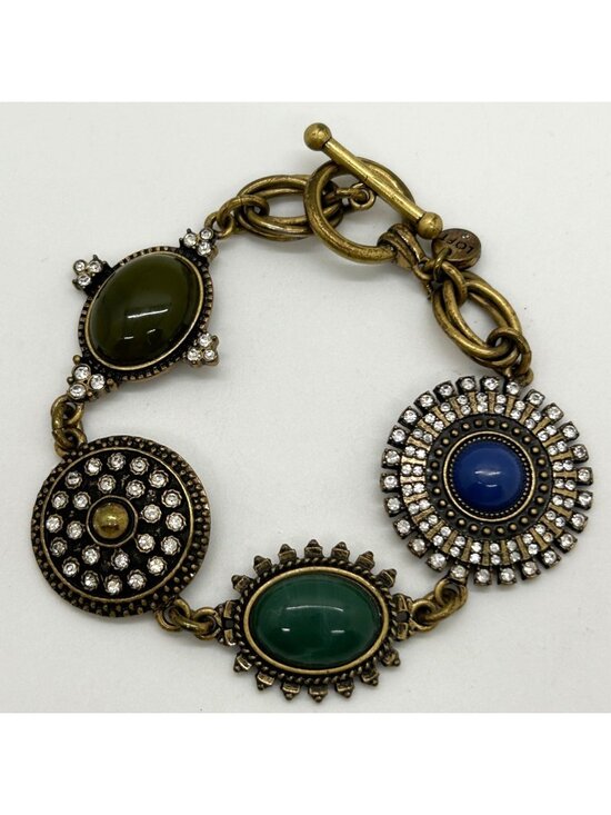 LOFT Jewelry - LOFT Vintage Brass Gold Tone Cabochon Stone Pave Crystal Link Bracelet